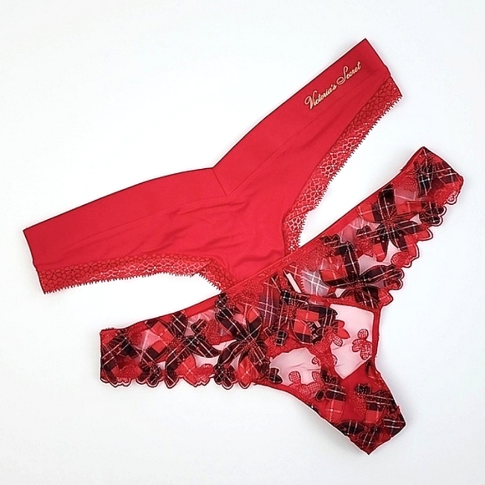 Victoria's Secret 2 Prs Red Very Sexy + Incredible Thong String Panties Sz Large